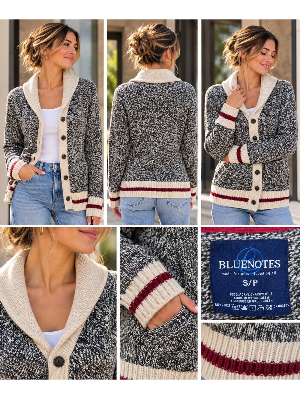 Blue Notes Shawl Collar Cardigan Women’s Small Black Cream Marled Knit